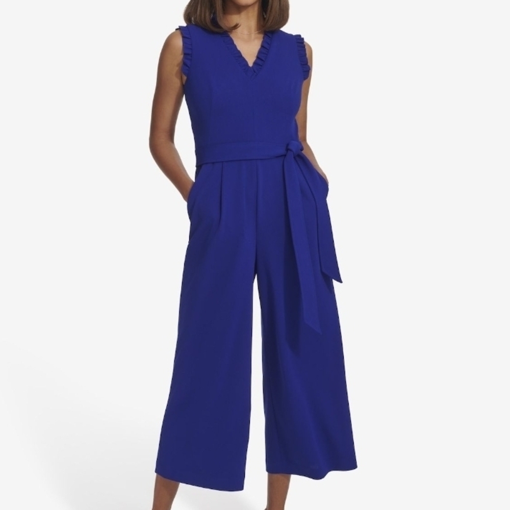 Andrew Marc Cobalt Blue Sleeveless V-Neck Ruffle Wide-Leg Jumpsuit